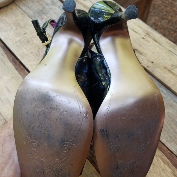 Size 8 Tahari High Heels ladies Shoes Shiny Black Open Toe Sandals straps - Picture 7 of 8